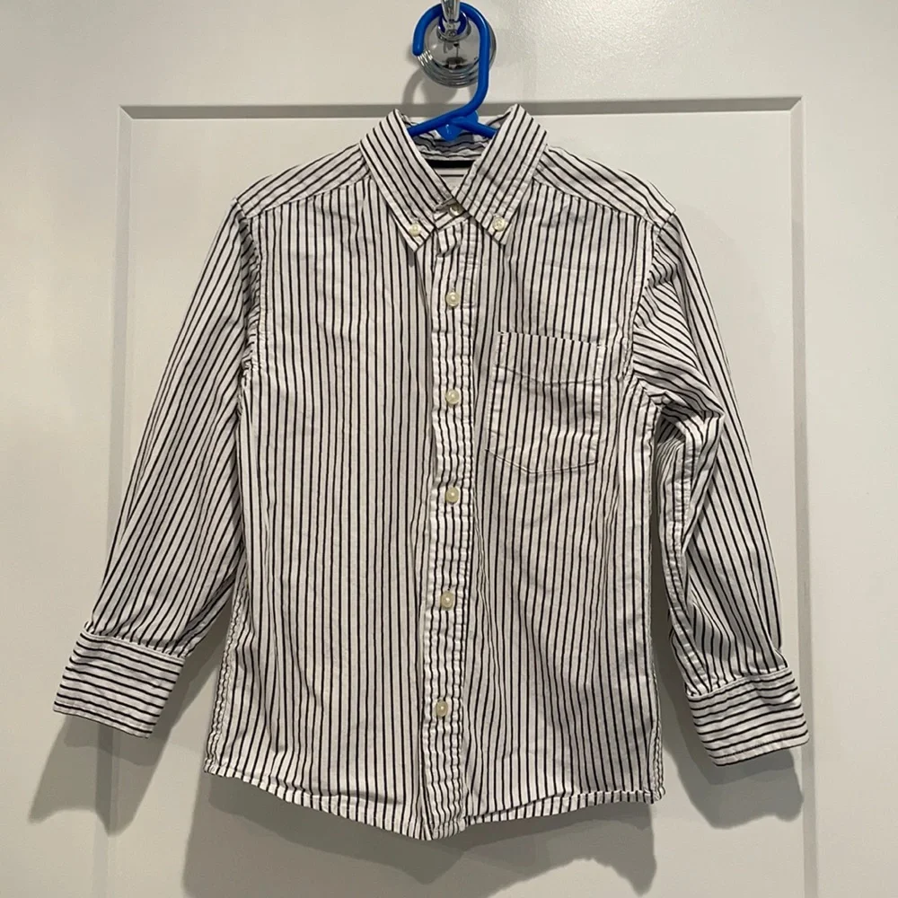 EUC Boys Dress Botton Down Shirt Black White Stripe 4